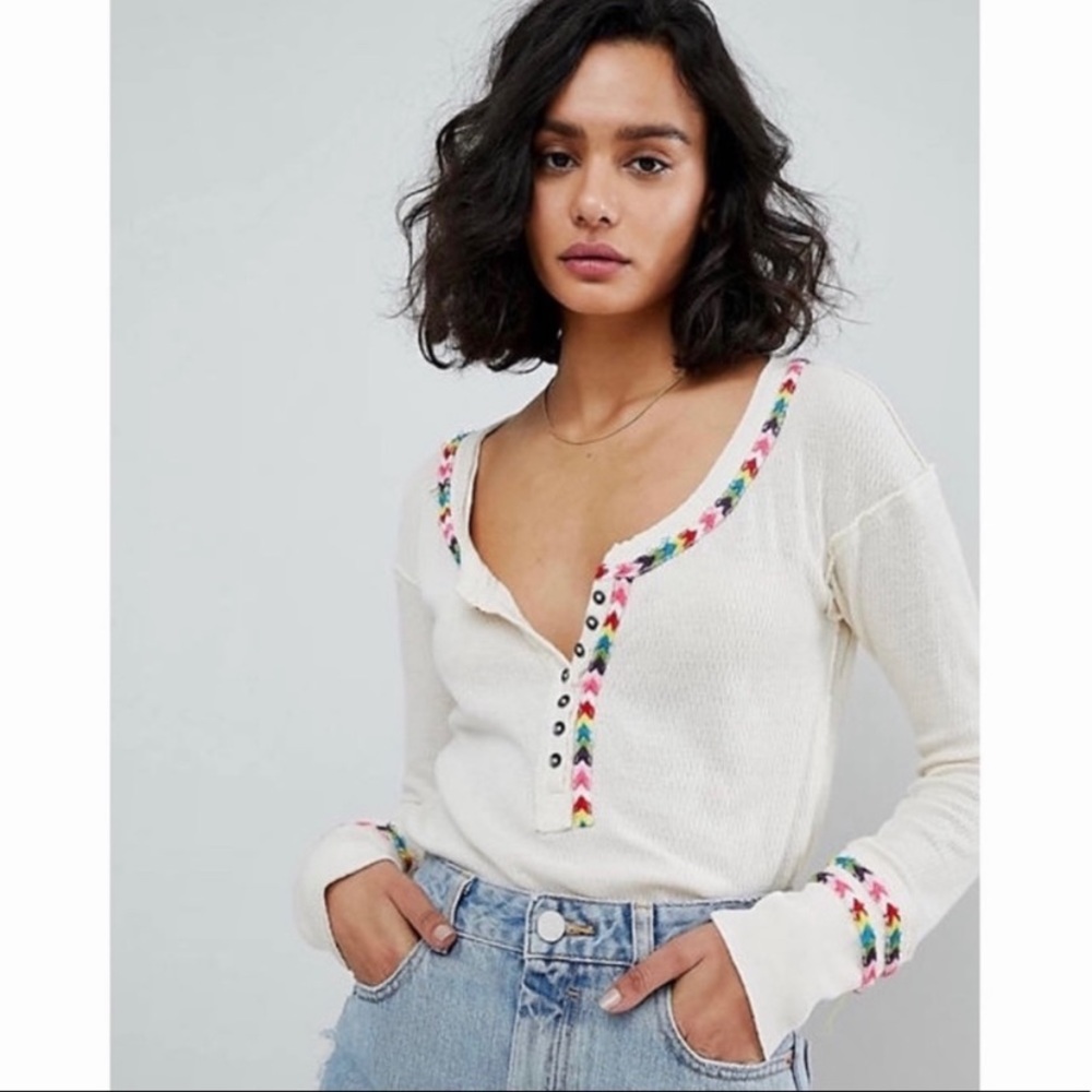 Free People Rainbow Thermal Henley Tee